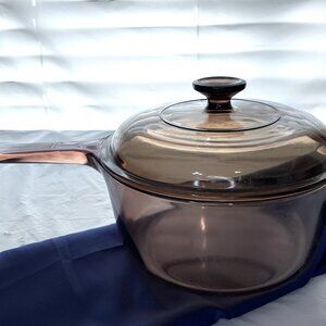 Vision Corning Ware Glass Amber Cooking Pot W/Pour Spout Vintage Cookware USA 1L